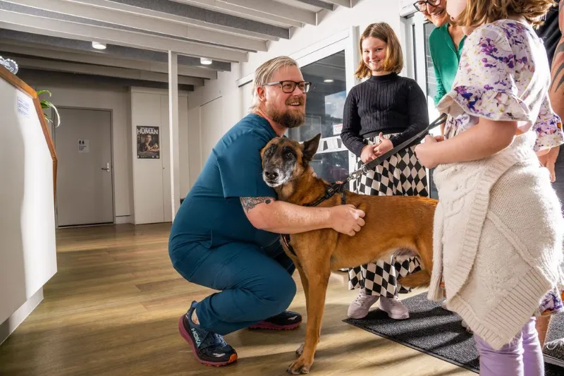 Male vet welcoming the dog and owner