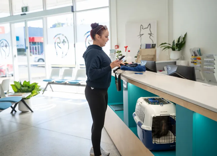 Woman in front desk of an animal clinic