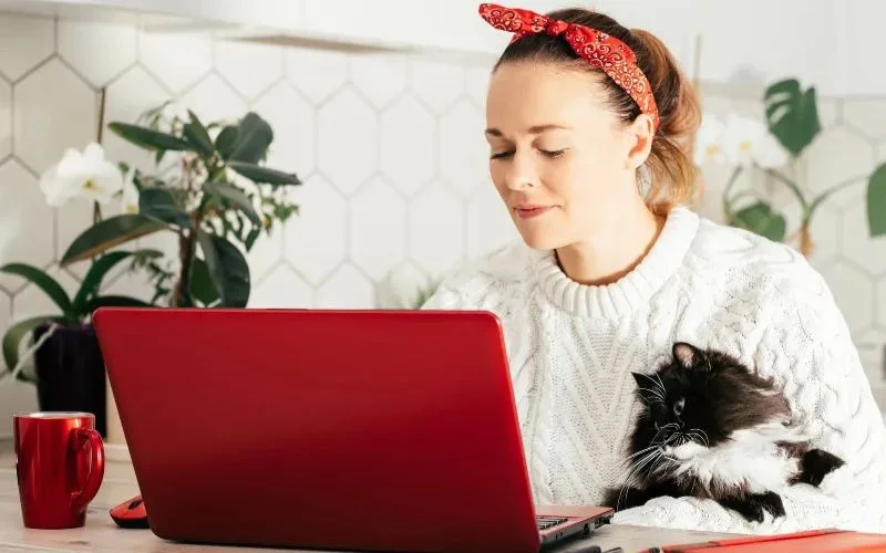 Pet owner researching veterinary services online with her cat as part of SVMG digital marketing and clinic visibility strategy