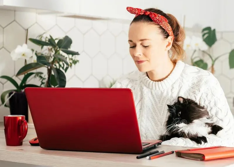 Pet owner researching veterinary services online with her cat as part of SVMG digital marketing and clinic visibility strategy