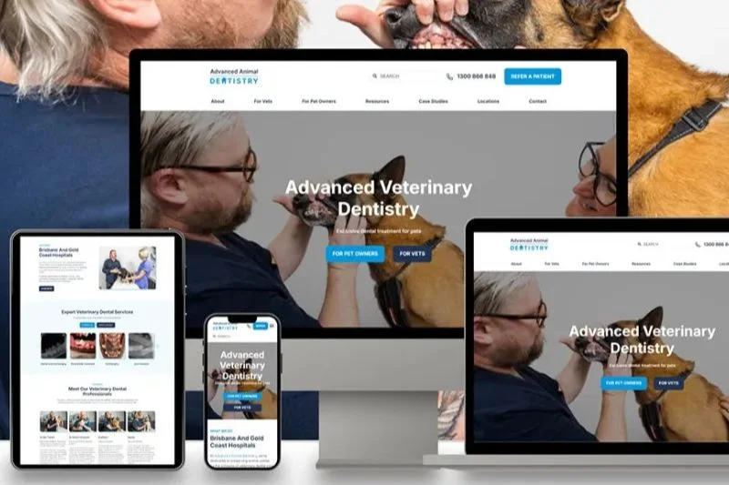 Veterinary dental clinic website design by SVMG displayed across desktop, tablet and mobile devices for specialist veterinary marketing.