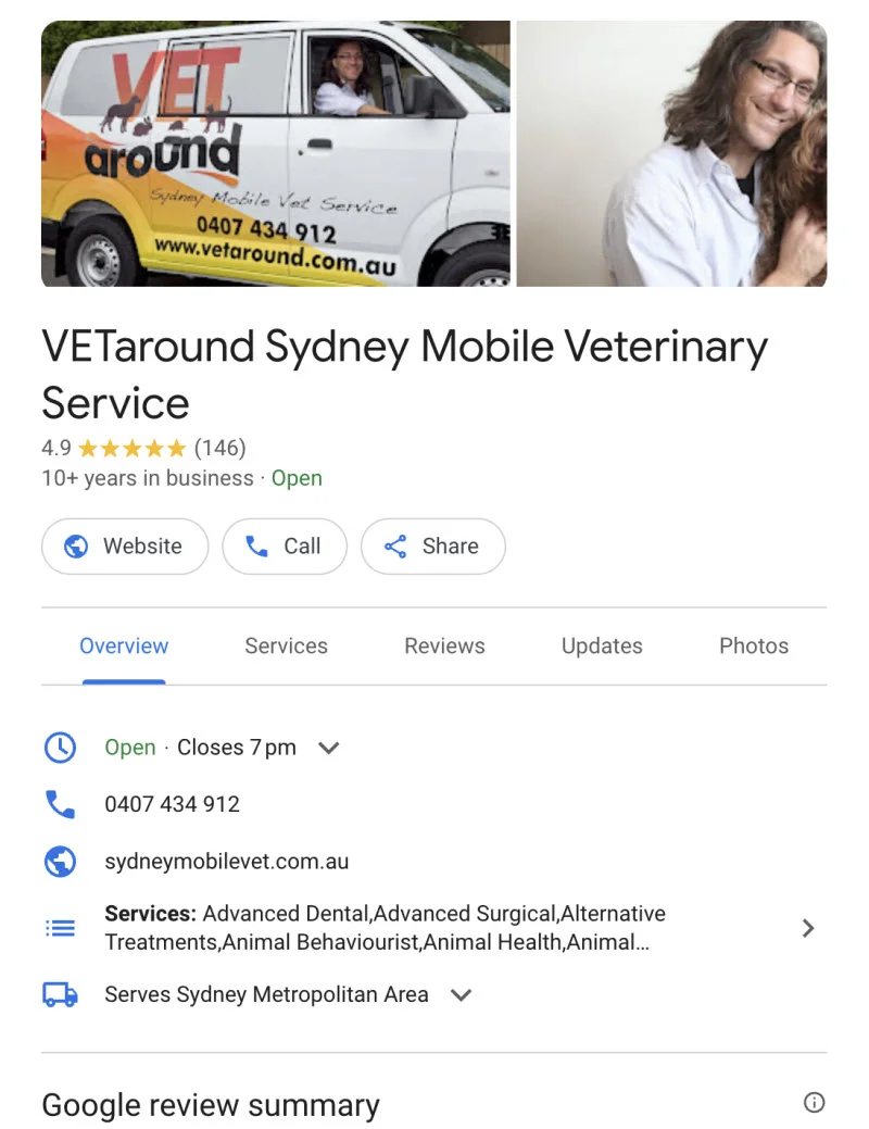 Google Business Profile for VETaround Sydney Mobile Veterinary Service featured in SVMG local SEO and veterinary digital marketing.
