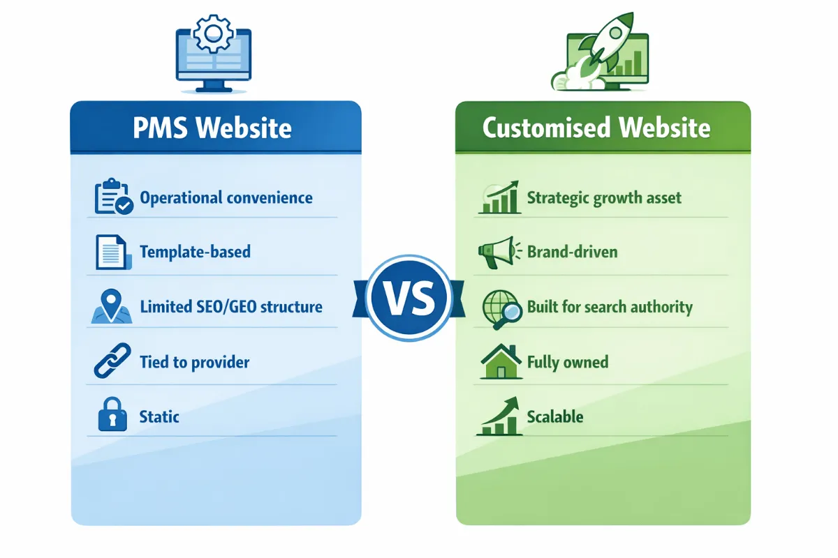 Comparison graphic showing PMS website limitations versus customised veterinary website growth strategy by SVMG.