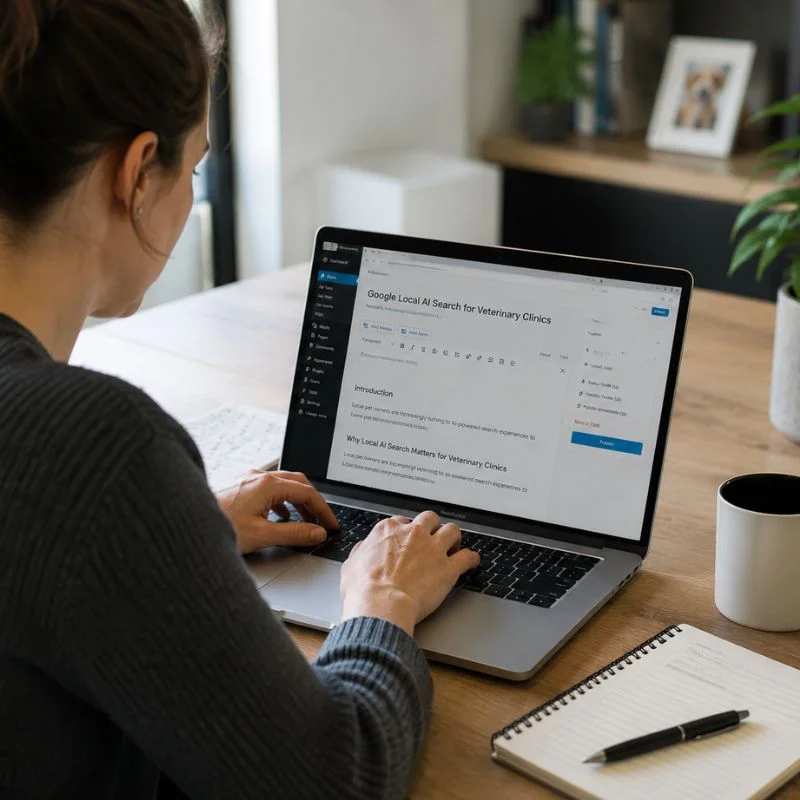 SVMG team member analyzing veterinary practice data to develop strategic marketing systems and business growth solutions.