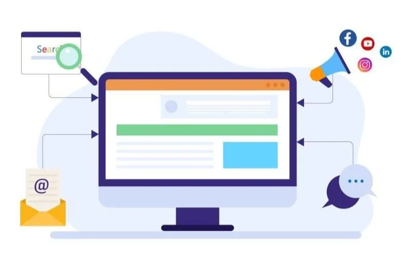SVMG digital marketing illustration showing website SEO, social media and online communication for veterinary business growth