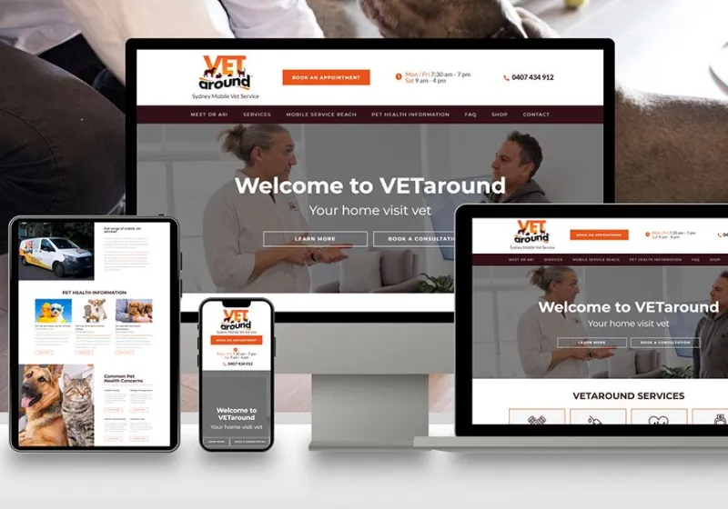 Veterinary website displayed across desktop, tablet and mobile devices for SVMG digital marketing and clinic visibility