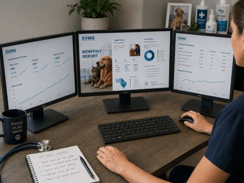 Person reviewing veterinary clinic performance reports across three computer monitors.
