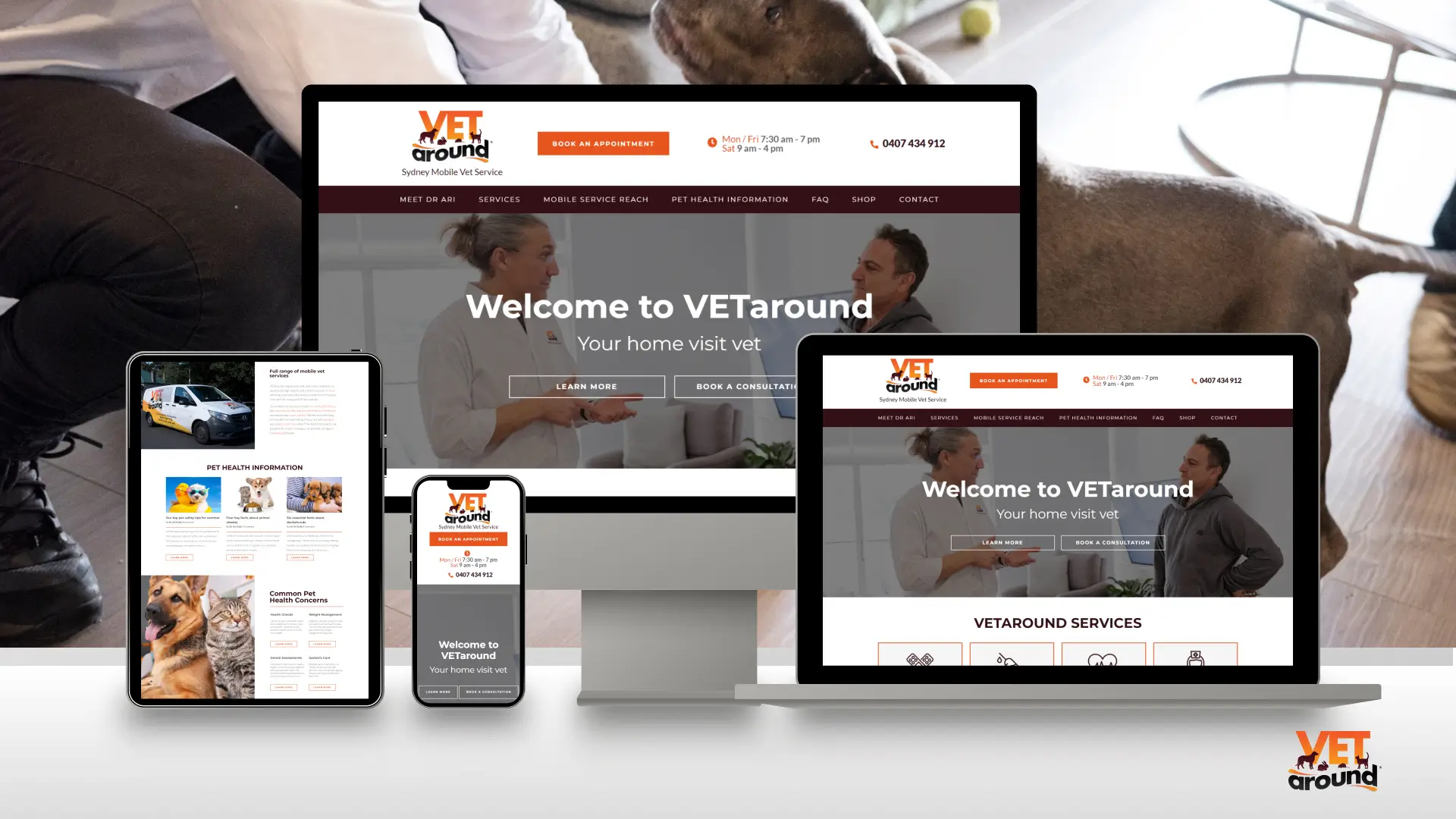 VETaround mobile veterinary website designed by SVMG displayed across desktop, tablet and mobile devices for veterinary digital marketing and client engagement.
